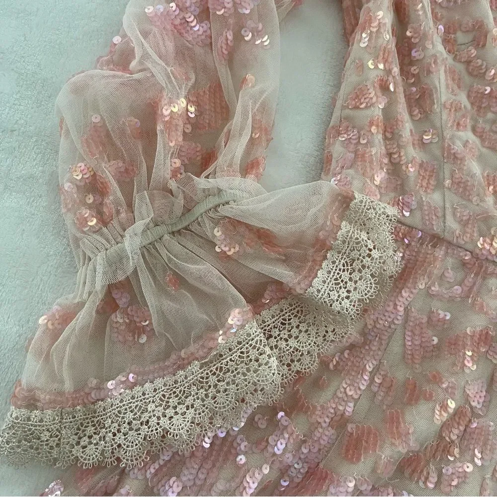 BHLDN Needle & Thread Pink Sequin Long Sleeve Dress, Size 0 NWOT